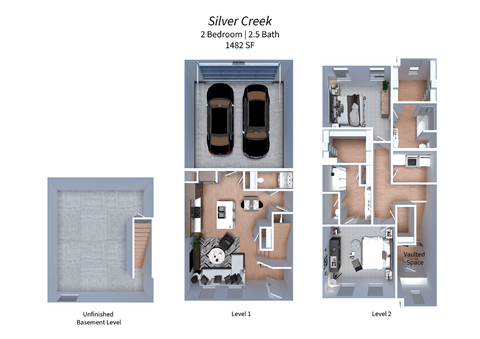 a 3d floor plan of Crestview at Highland townhomes in Highland, UT